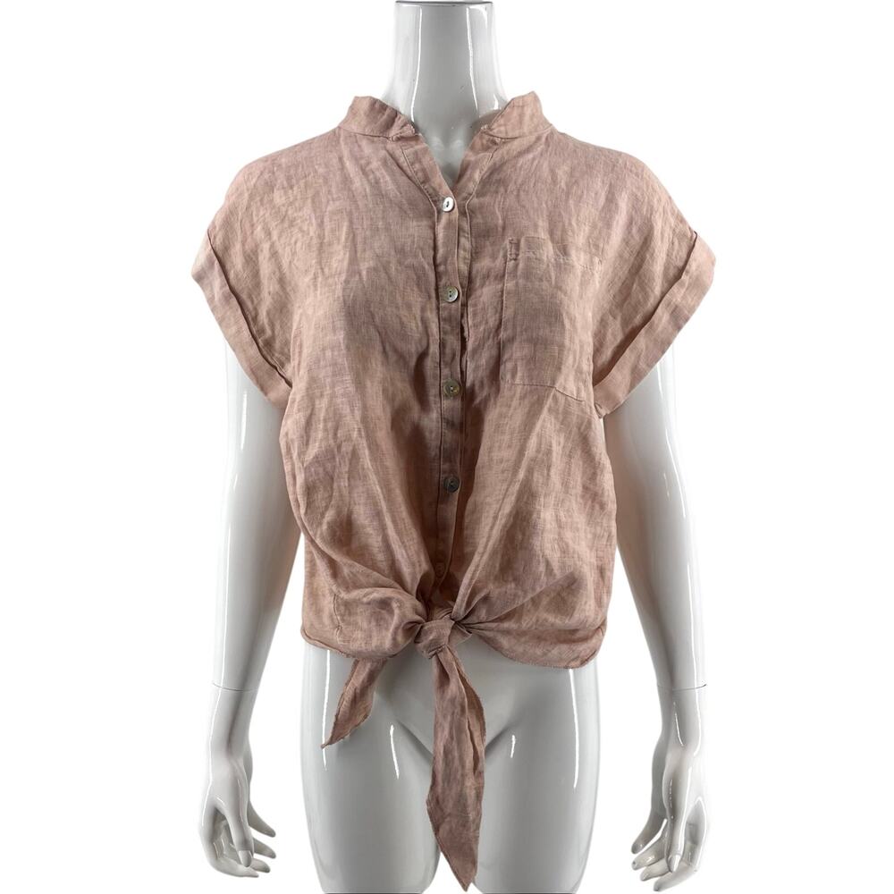 Scandal Womens Top Size Small Blush Pink Tie Front Linen Button Up Blouse